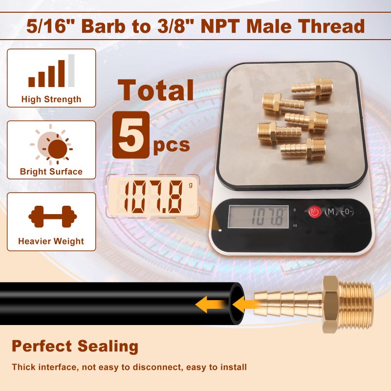 Boeray 5pcs Brass Hose Barb Fittings 5/16 Inch Barb to 3/8 Inch NPT Male Thread Air Hose Fittings Adapter Connector Water Fuel Air Line Fittings 5/16â€ Ã— 3/8â€ NPT Brass Fittings - Image 5